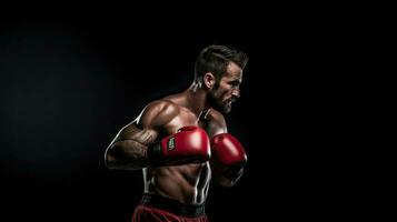 ai généré mma combattant, musclé athlétique homme. boxeur et athlète sur foncé noir Contexte. photo