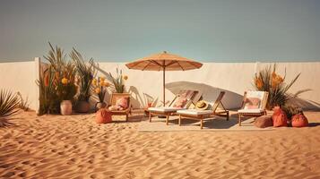 ai généré été recours sur plage avec Soleil des lits et parapluies. luxe salon chaise dans Hôtel. photo