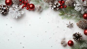 ai généré Noël composition de sapin arbre branches avec babioles et cadeaux sur blanc Contexte photo