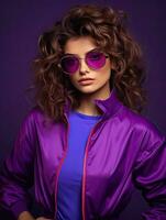 ai généré style femme dans des lunettes et un Années 80 néon Couleur survêtement avec écouteurs sur le violet mur. photo