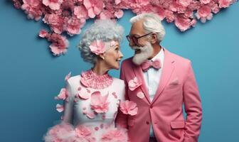 ai généré un personnes âgées couple habillé dans coordonné pastel tenue, orné avec des roses, exsuder charme et intemporel élégance contre une turquoise toile de fond. photo