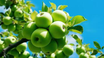 ai généré grappe de Frais vert pommes pendaison sur une branche en dessous de une bleu ciel, avec l'eau gouttelettes allusion à une récent pluie. photo