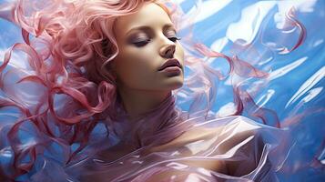 ai généré éthéré femelle figure avec tourbillonnant rose chevelure, submergé dans une serein bleu paysage de rêve. photo