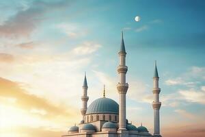 ai généré Ramadan Karim. grand minarets, mosquée dôme et croissant et brillant étoile dans le ciel. religieux Contexte. photo