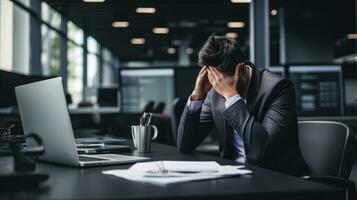 ai généré stressé homme d'affaire à bureau dans bureau, une représentation de travail pression. photo