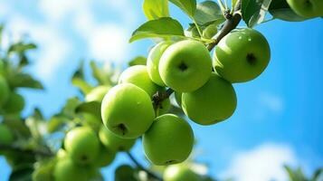 ai généré grappe de Frais vert pommes pendaison sur une branche en dessous de une bleu ciel, avec l'eau gouttelettes allusion à une récent pluie. photo