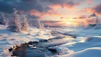 ai généré hiver paysage avec une enroulement flux, givré des arbres, et une brillant bleu ciel incorporant tranquille beauté. photo