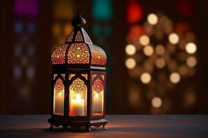 ai généré eid décoratif traditionnel les lampes sur bokeh Contexte sur en bois table photo