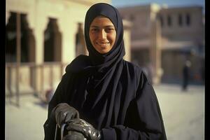 ai généré portrait de une magnifique musulman femme portant hijab posant en plein air génératif ai photo