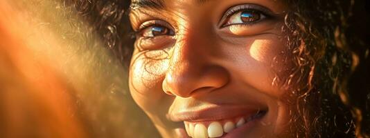 ai généré fermer de une femme joyeux affronter, sa yeux pétillant avec bonheur dans le d'or lumière du soleil photo