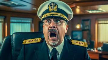 ai généré le du capitaine faciale expression est un de choc ou surprendre, caractérisé par large yeux et un ouvert bouche. photo