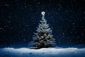 ai généré illuminé pin Noël arbre neigeux forêt nuit photo