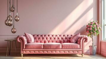ai généré vivant pièce intérieur conception avec canapé minimal esthétique lumière rose velours 3d rendu photo