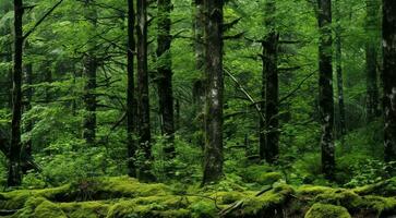 ai généré forêt dans le matin, forêt dans printemps, des arbres dans le forêt, vert forêt photo