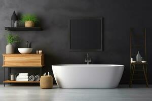 ai généré 3d rendu minimal style moderne salle de bains intérieur conception avec baignoire photo