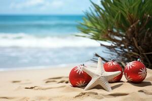 ai généré Noël babioles arrangé sur le le sable avec cadeaux photo