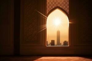 ai généré lune lumière éclat par le fenêtre dans islamique mosquée intérieur photo
