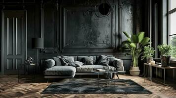 ai généré noir vivant pièce intérieur conception avec canapé minimal esthétique 3d rendu photo