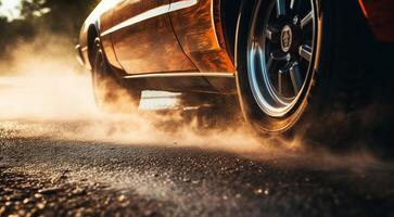 ai généré voiture conduite sur le route, fermer de une des sports voiture Faire Burnout sur le rue, voiture Faire Burnout, fermer de voiture photo