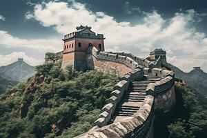 ai généré majestueux génial mur de Chine dans une magnifique été jour, ai généré photo