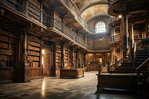 ai généré numérique La peinture de un vieux bibliothèque avec une escalier de premier plan à le haut, ai généré photo