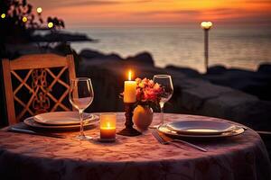 ai généré romantique dîner réglage sur le plage à le coucher du soleil. tonique, ai généré photo