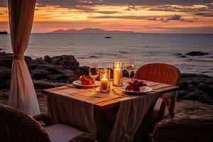 ai généré romantique dîner sur le terrasse de une luxe villa sur le mer à coucher de soleil, ai généré photo