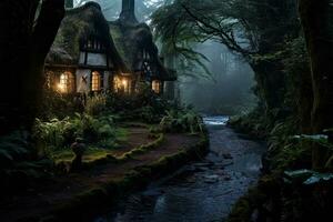ai généré fantaisie maison dans le forêt à nuit avec une petit rivière, ai généré photo