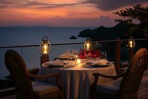 ai généré romantique dîner sur le terrasse avec mer vue à coucher de soleil, ai généré photo