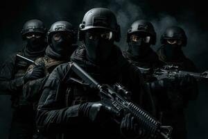 ai généré groupe de spécial les forces soldats dans noir uniformes et casques. studio tir, ai généré photo