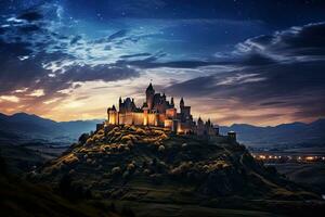 ai généré Château sur le colline à nuit avec une magnifique étoilé ciel, ai généré photo
