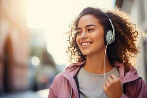 ai généré content souriant magnifique Jeune frisé femme en marchant dans parc en plein air écoute la musique avec écouteurs en utilisant mobile photo