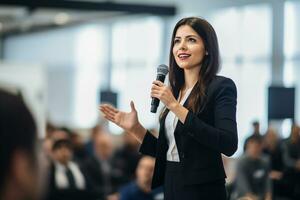 ai généré femelle orateur donnant une parler sur entreprise affaires conférence. méconnaissable gens dans public à conférence salle. affaires et entrepreneuriat un événement photo