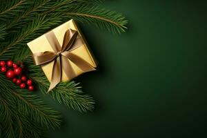 ai généré vert cadeau boîte avec Noël ornement sur vert Contexte photo