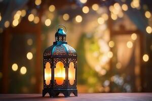 ai généré eid décoratif traditionnel les lampes sur bokeh Contexte sur en bois table photo