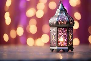 ai généré eid décoratif traditionnel les lampes sur violet bokeh Contexte photo