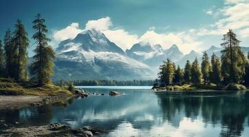 ai généré Lac dans le montagnes, Lac avec forêt, scénique vue de le Lac photo