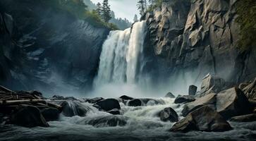 ai généré cascade dans le montagnes, cascade dans le forêt, cascade scène, cascade et rochers photo