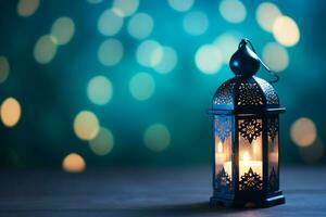 ai généré eid décoratif traditionnel les lampes sur bokeh Contexte sur en bois table photo