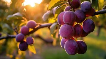 prunes dans jardin à le coucher du soleil. agriculture récolte. des fruits dans verger. d'or heure. ai généré photo