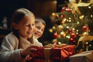 content les enfants avoir Noël cadeaux. décoré Noël arbre. Nouveau année ambiance. ai généré photo