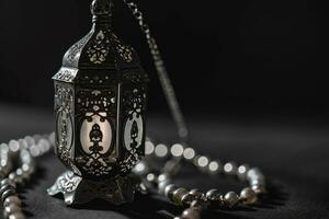 ai généré ornemental arabe lanterne avec brûlant bougie embrasé à nuit invitation pour musulman saint mois Ramadan kareem photo