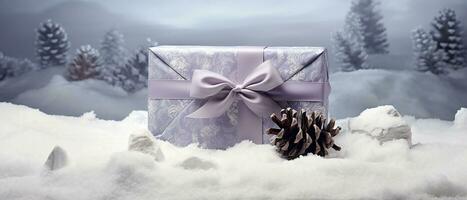 ai généré hiver cadeau avec violet ruban avec pommes de pin sur une blanc Contexte et flocons de neige photo