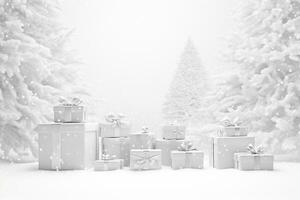 ai généré hiver cadeau avec une argent ruban en dessous de une pin arbre avec une blanc Contexte et flocons de neige. HD fond d'écran photo