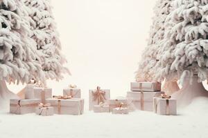 ai généré hiver cadeau avec une argent ruban en dessous de une pin arbre avec une blanc Contexte et flocons de neige. HD fond d'écran photo