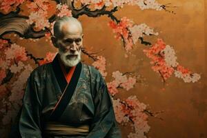 ai généré vieux homme Japonais kimono. produire ai photo