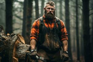 ai généré plein air bûcheron la personne forêt. produire ai photo