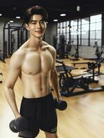 ai généré Jeune asiatique Masculin modèle, brillant sourire, bien chiffre, exercice Contexte à le salle de sport, haute résolution. le entier image est pointu. produire ai photo