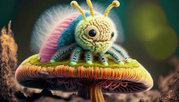 ai généré 3d illustration de un extraterrestre chenille séance sur une champignon photo