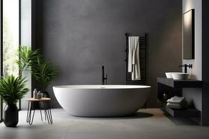 ai généré 3d rendu minimal style noir thème moderne salle de bains intérieur conception avec baignoire photo